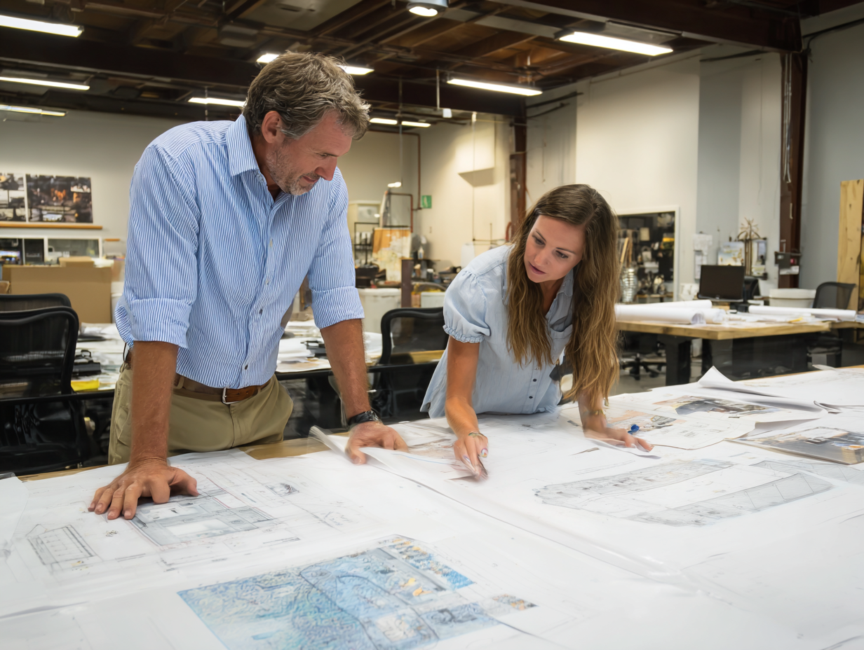 Acoustic consultant and studio owner reviewing soundproofing blueprints and design plans in a workshop